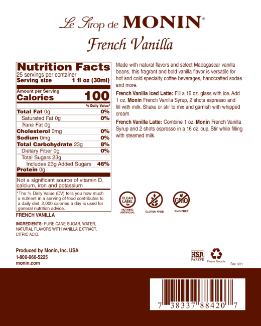 Monin French Vanilla 750 ml Syrup